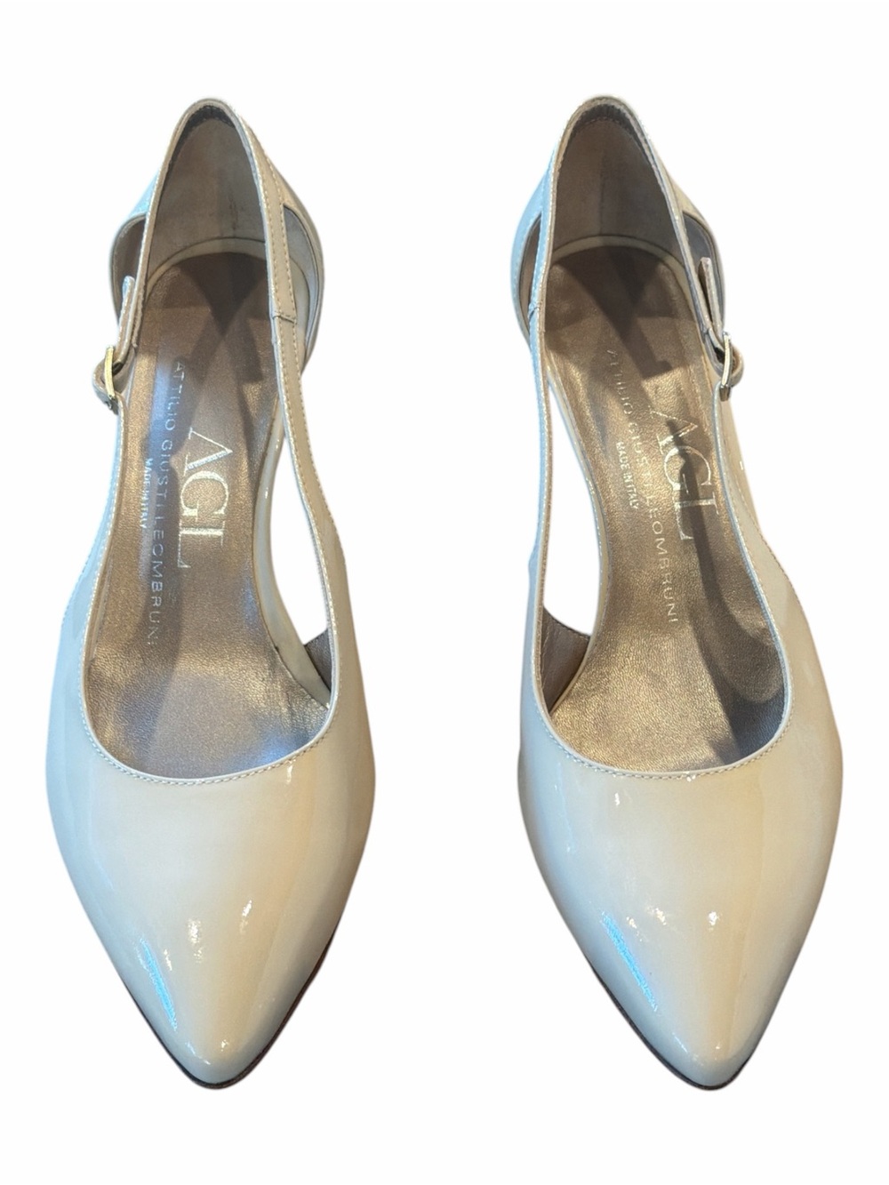 AGL Attilio Giusti Leombruni Nude Patent Leather Pointed Toe Kitten Heels 37.5EU